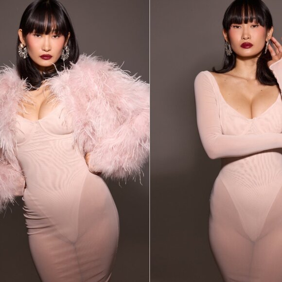 House of CB 'Everly' blush mesh maxi dress with bodysuit NWOT - Picture 10 of 11